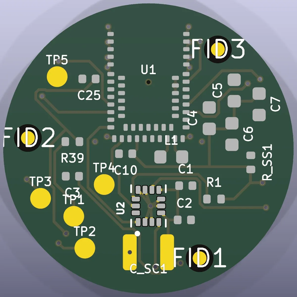 핸드오프로 넘기기 전 3D 렌더링 이미지로, 21mm 원형 PCB의 전면 트레이스와 테스트포인트 배치가 보인다.