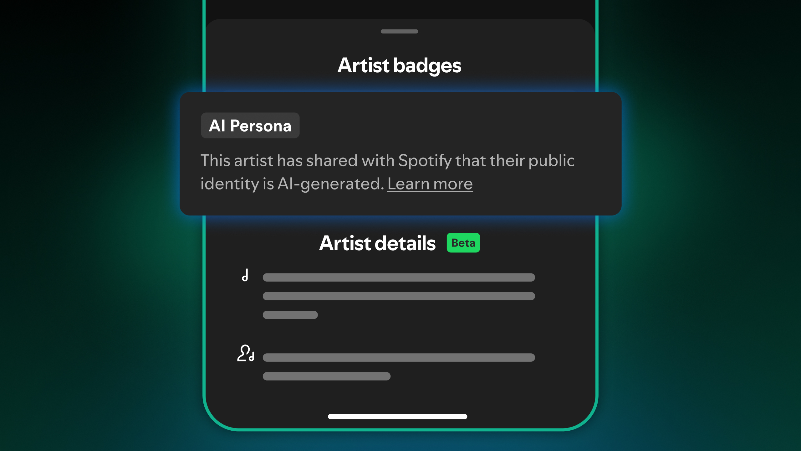 모바일 앱 내 아티스트 프로필과 'AI Persona' 배지 UI 스크린샷