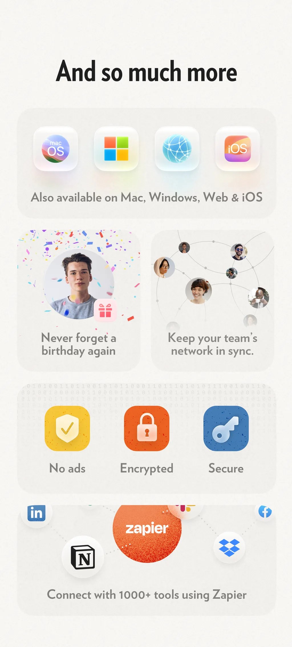 Mesh가 Mac, Windows, Web, iOS, Android에서 제공되며 인맥 관리와 네트워크 동기화, 광고 없는 암호화·보안 운영, Zapier를 통한 1,000개 이상 도구 연결을 지원한다는 제품 기능을 묘사한 이미지입니다.