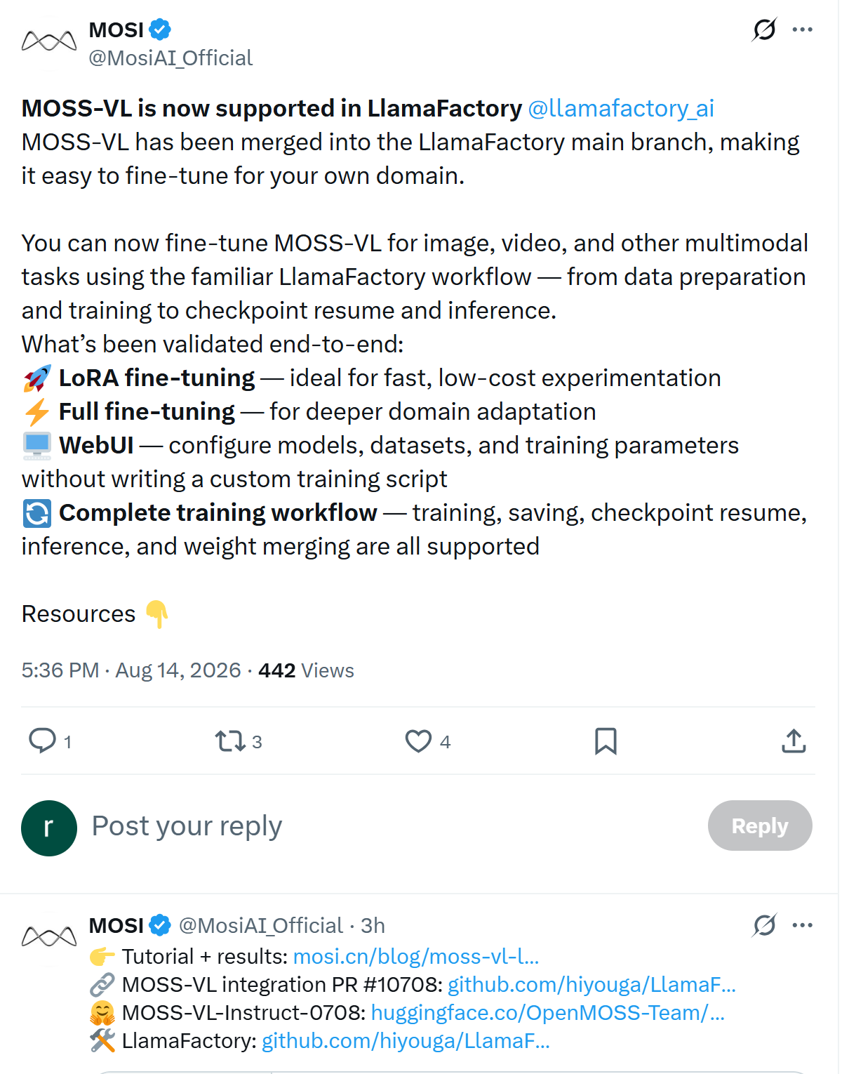 MOSI가 MOSS-VL의 LlamaFactory main branch 병합과 지원되는 Fine-tuning workflow를 알리는 게시물입니다.