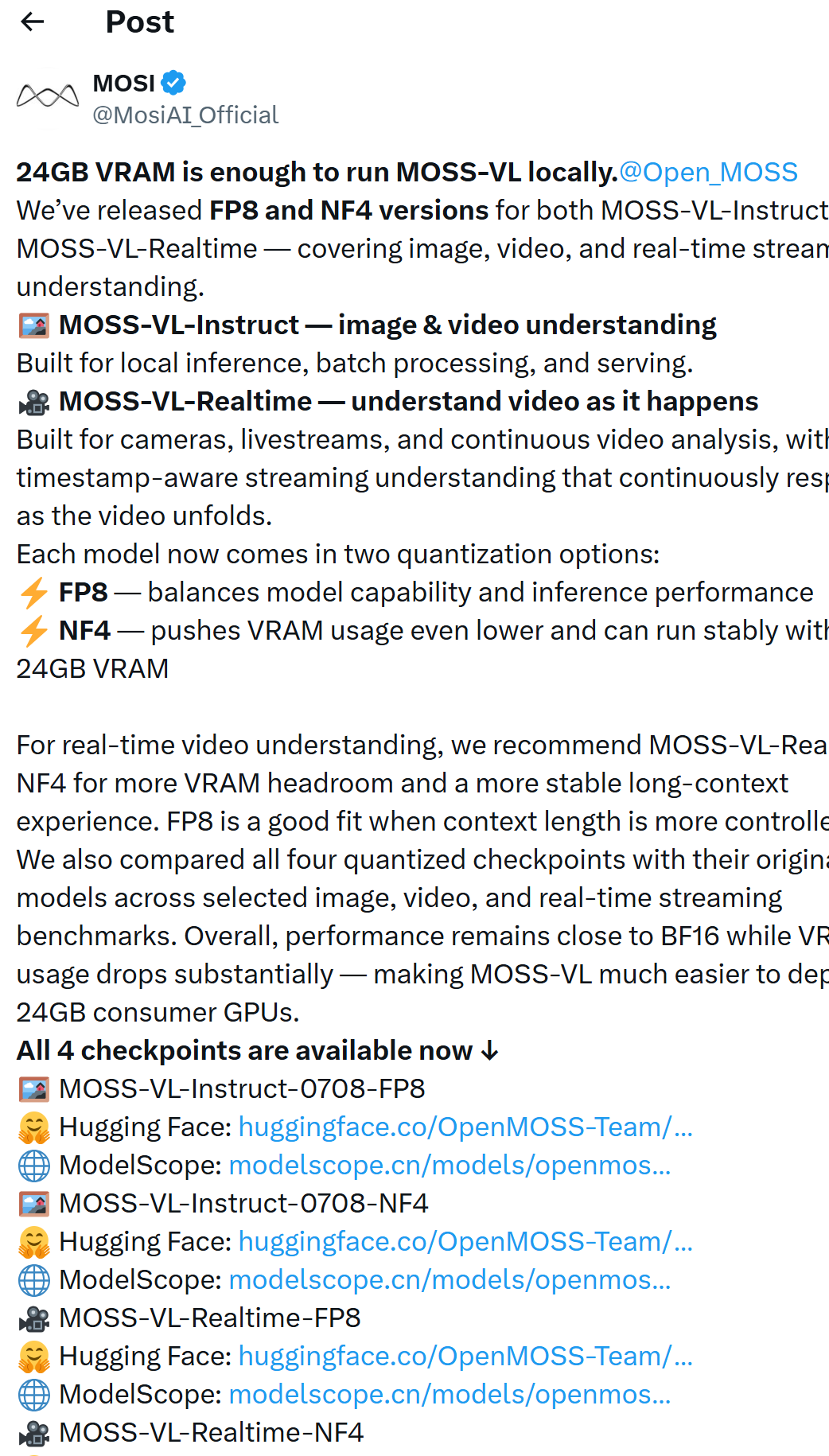 MOSI가 24GB VRAM에서 실행 가능한 MOSS-VL의 FP8·NF4 체크포인트 공개 소식을 게시한 화면입니다.
