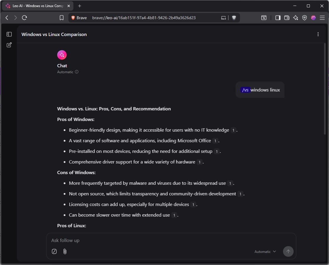 /vs 스킬을 사용하여 윈도우와 리눅스를 비교하는 채팅 화면