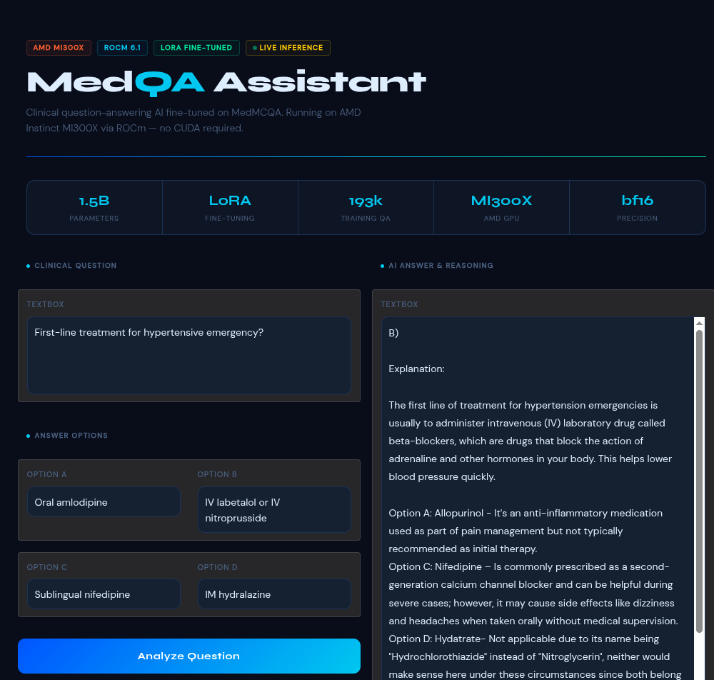 MedQA Assistant의 웹 인터페이스 스크린샷으로 임상 질문에 대한 답변과 추론 과정을 보여줍니다.