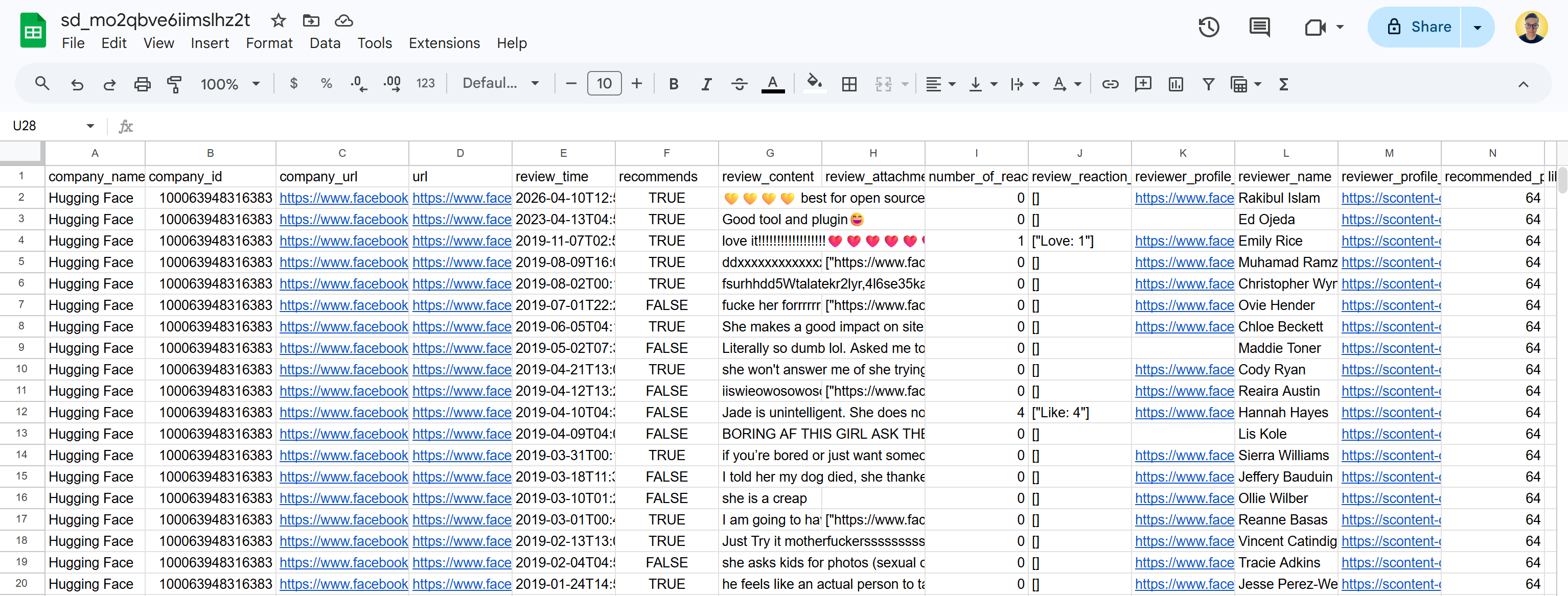 스프레드시트 형태의 리뷰 데이터