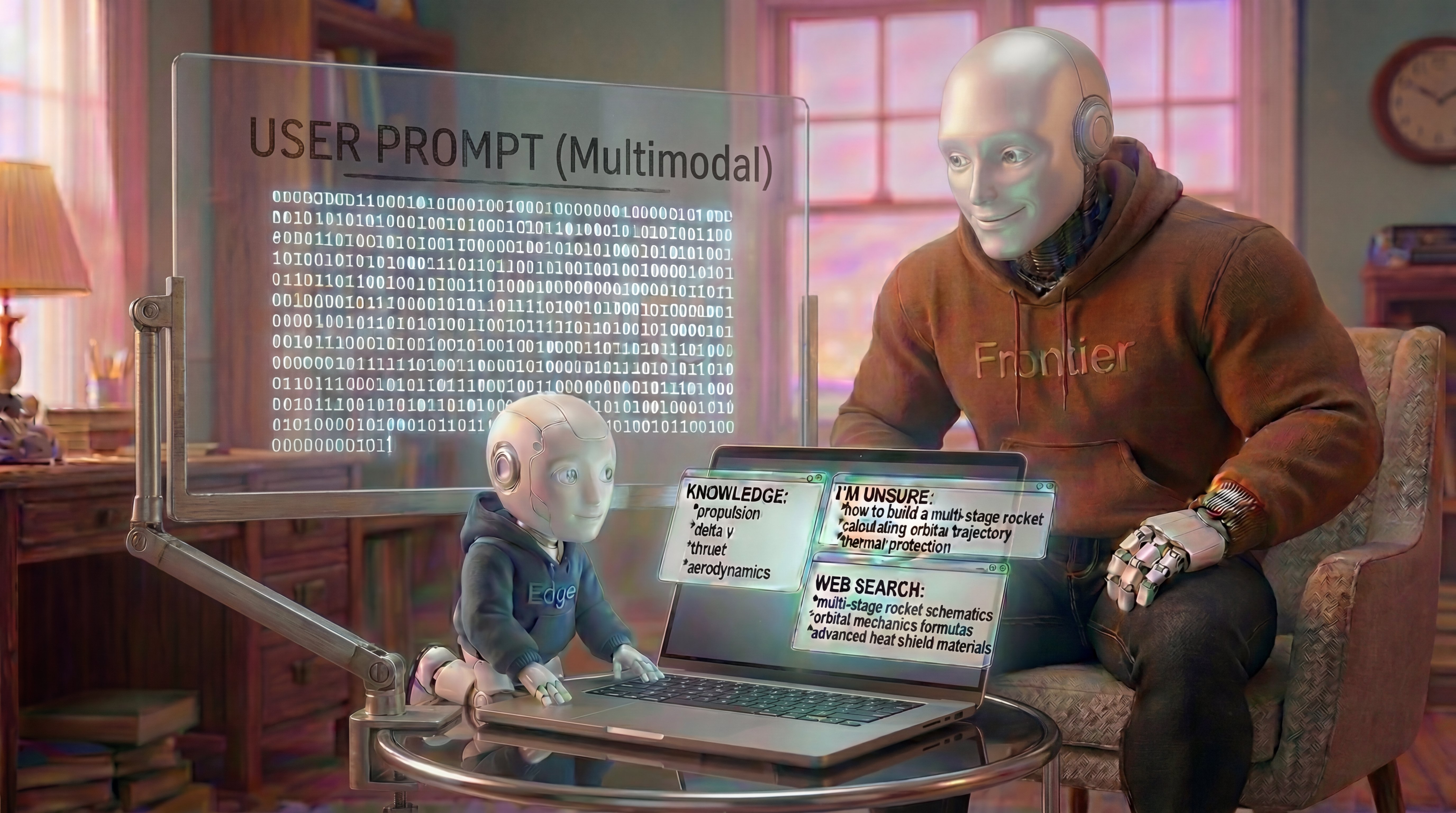 엣지 에이전트가 멀티모달 프롬프트를 처리하며 지식 기반 검색을 수행하는 과정을 묘사한 다이어그램