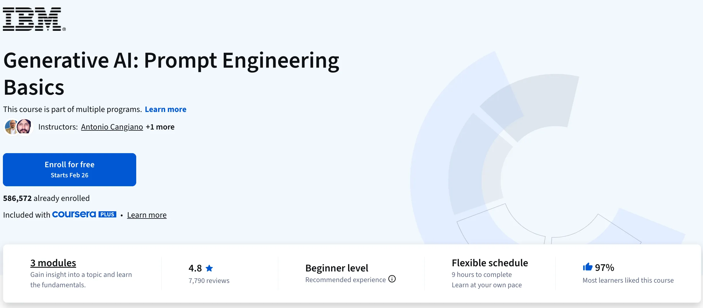 IBM의 'Generative AI: Prompt Engineering Basics' 코스 정보 페이지이다.