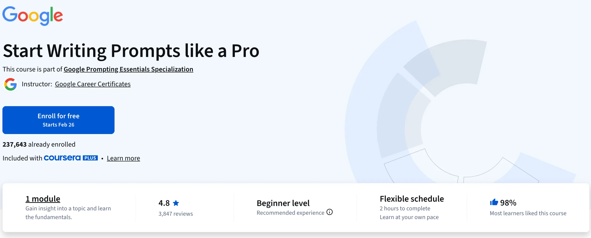 Google에서 제공하는 'Start Writing Prompts Like a Pro' 코스의 Coursera 상세 페이지 스크린샷이다.