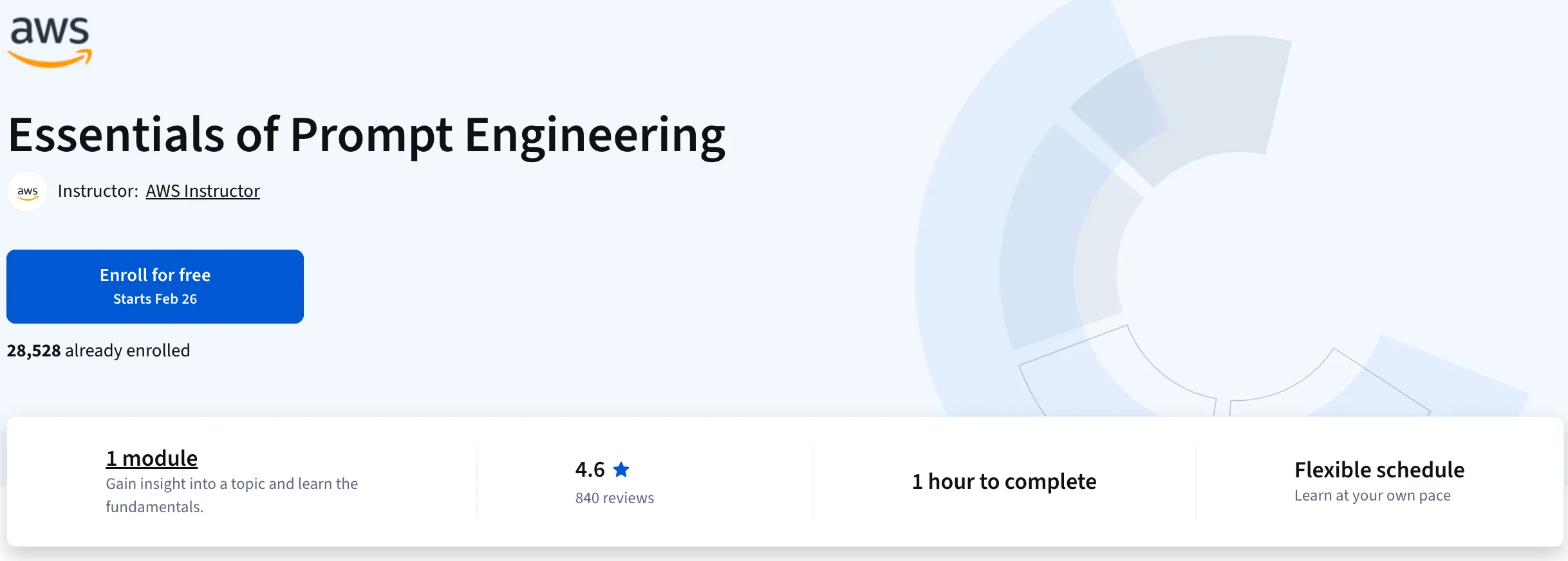 AWS의 또 다른 코스인 'Essentials of Prompt Engineering'의 상세 정보다.