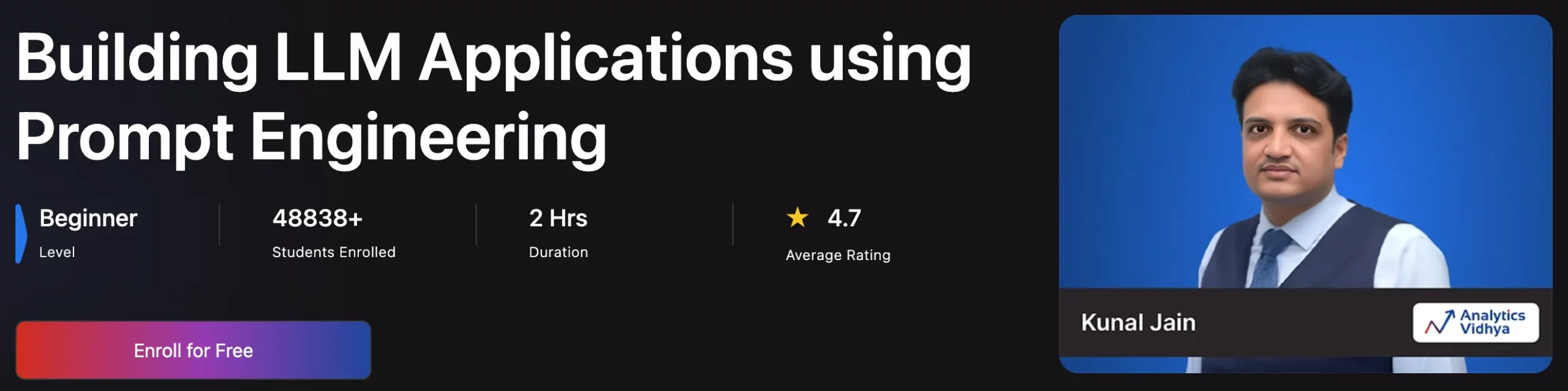 Analytics Vidhya의 'Building LLM Applications using Prompt Engineering' 코스 배너이다.