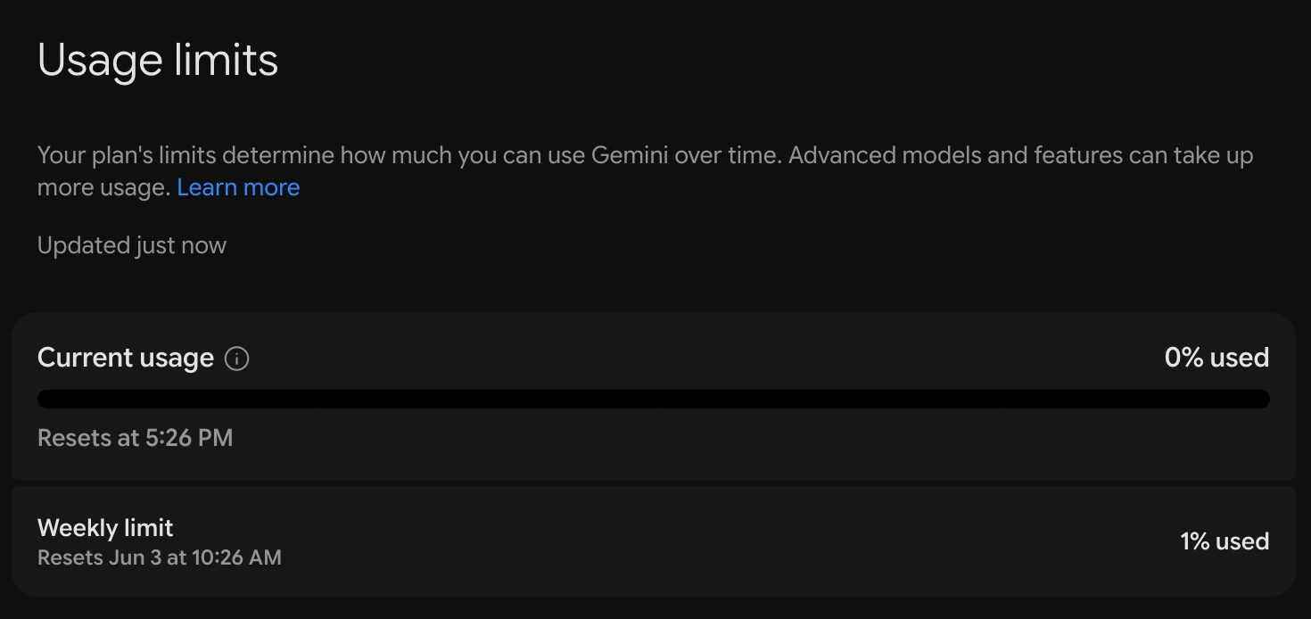 Gemini 앱의 사용량 제한 표시