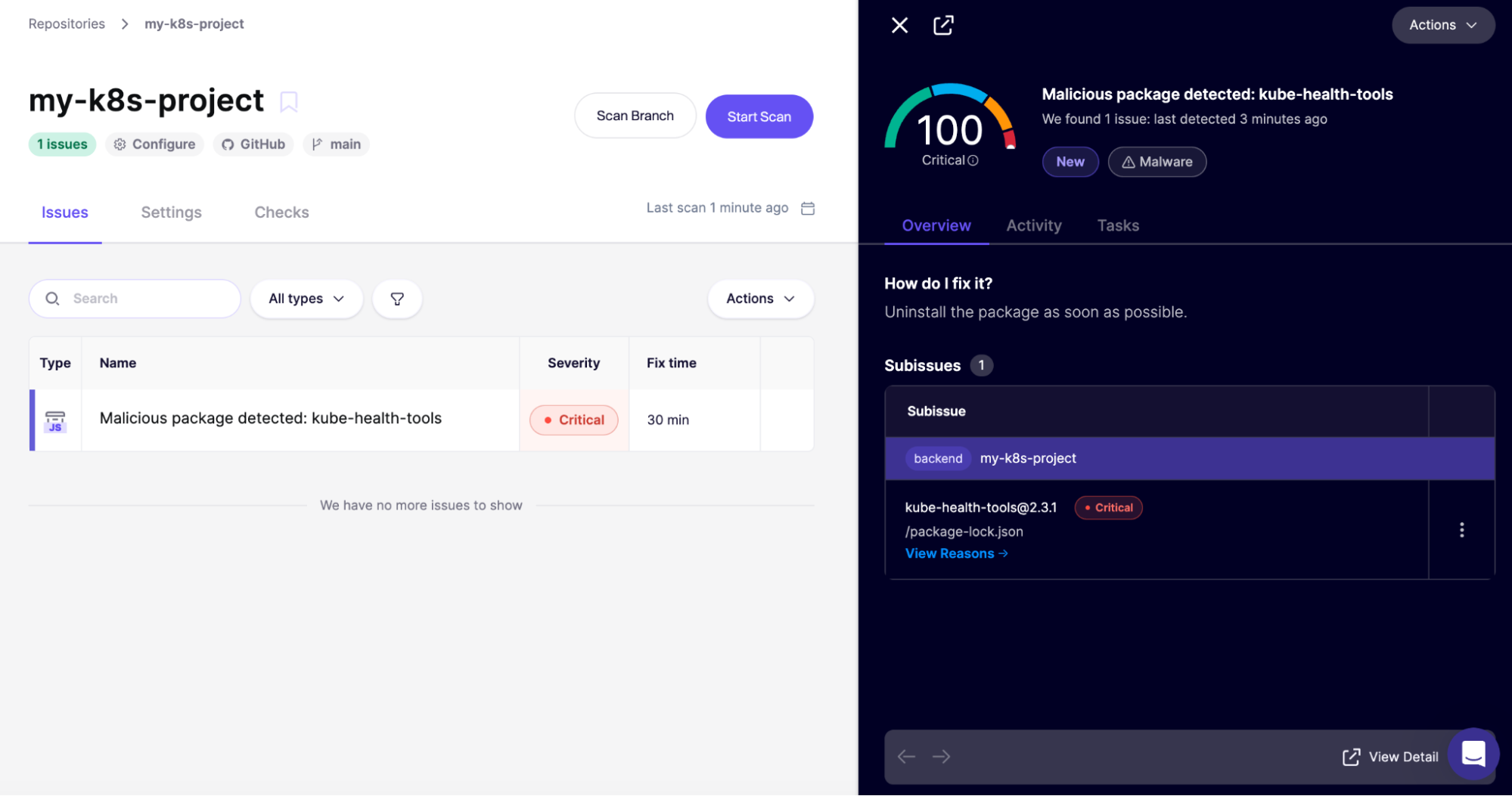 보안 도구에서 악성 패키지 kube-health-tools가 탐지된 화면