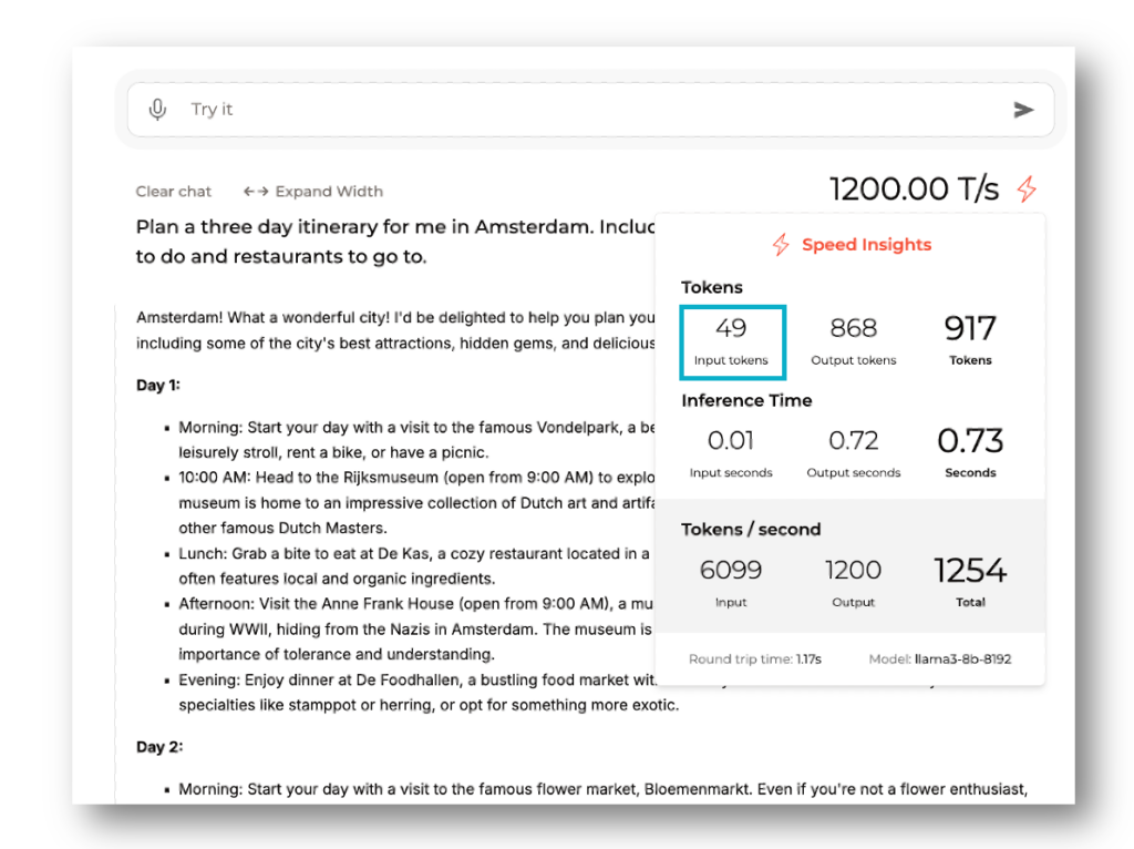 GroqChat UI의 Speed Insights 창으로 초반 질의 시 입력 토큰 49, 출력 868, 총 917 토큰과 초당 처리 속도 1,200 T/s, 왕복 시간 1.17초 등이 표시되어 있습니다.