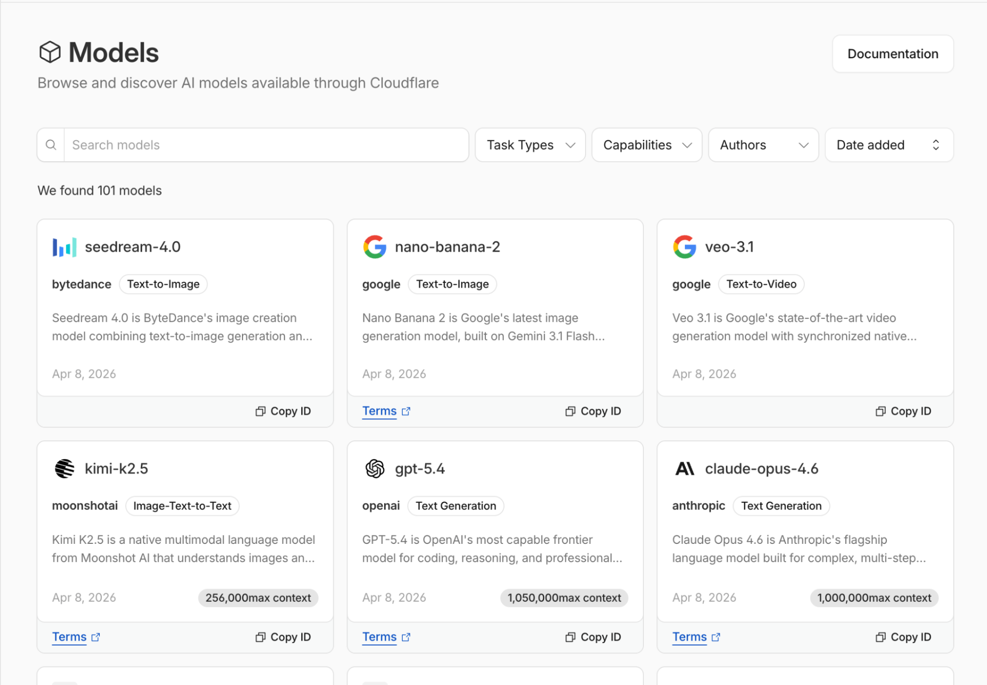 Cloudflare AI 플랫폼에서 제공하는 다양한 모델 카탈로그 대시보드 화면입니다.