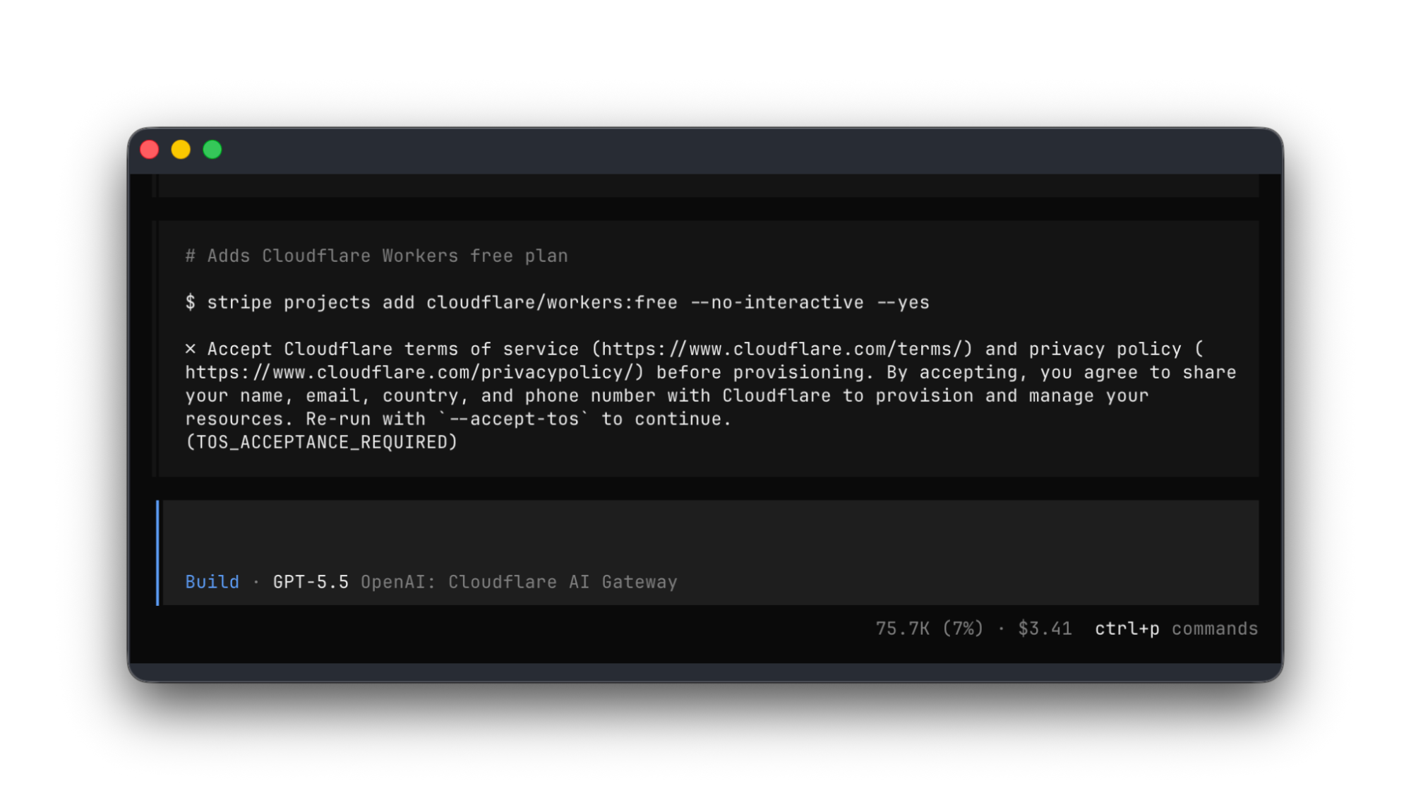 Stripe CLI를 통해 Cloudflare 도메인 등록 서비스를 추가하는 터미널 화면