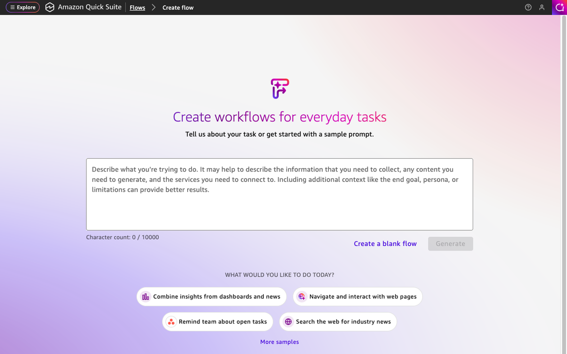 Amazon Quick Flows의 자연어 입력 인터페이스 스크린샷