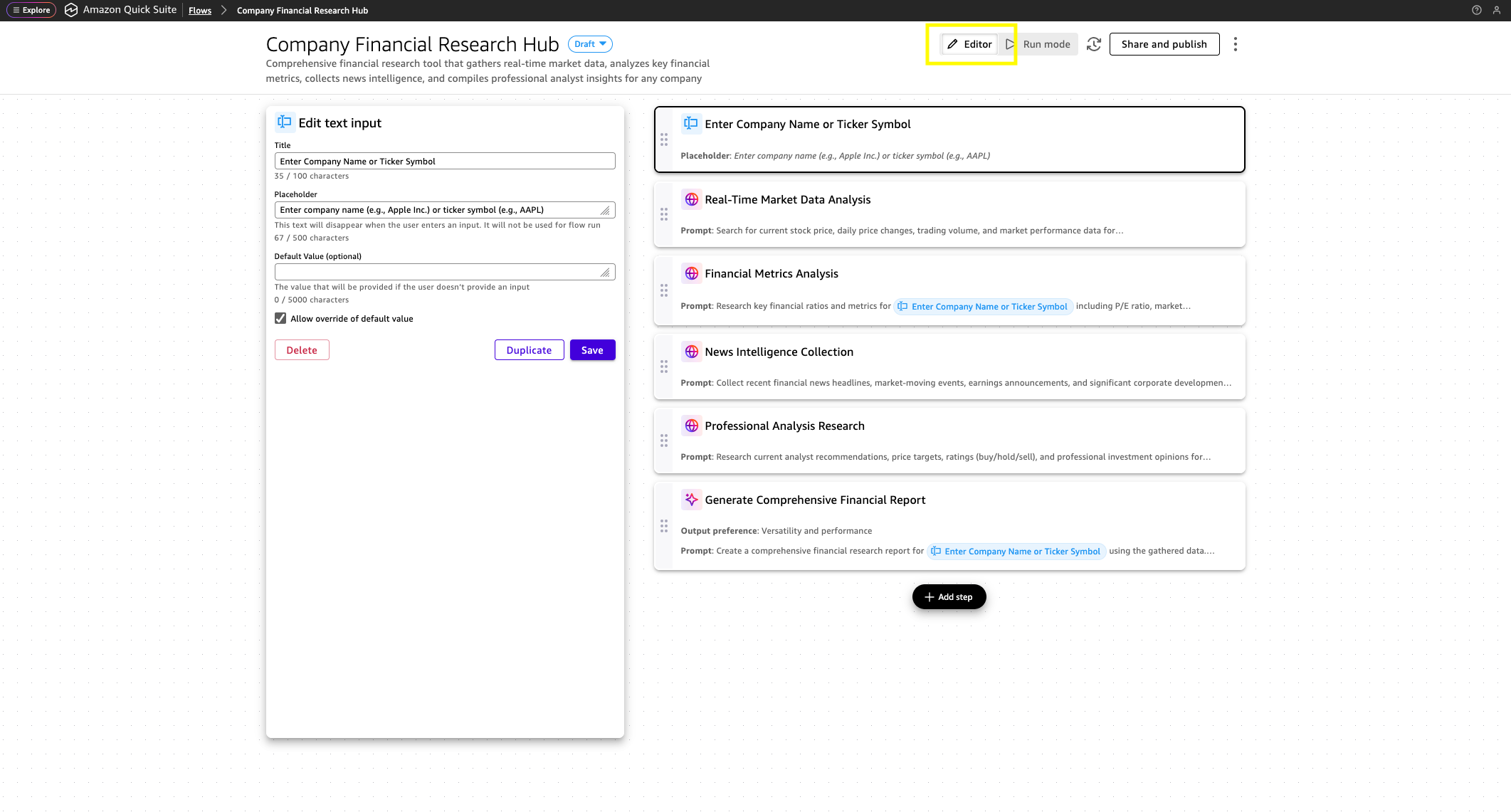금융 분석 워크플로의 단계별 시각적 편집기 화면