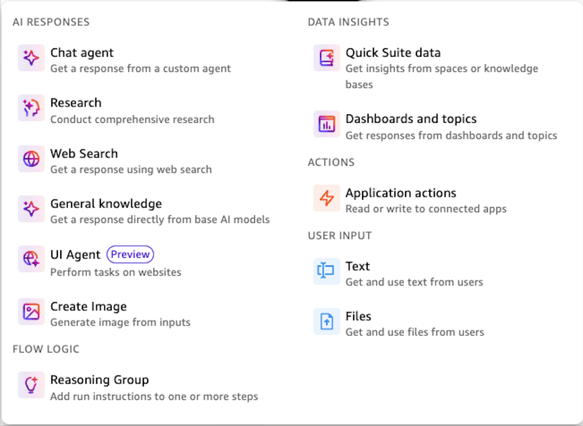 Quick Flows에서 제공하는 5가지 단계 카테고리 목록