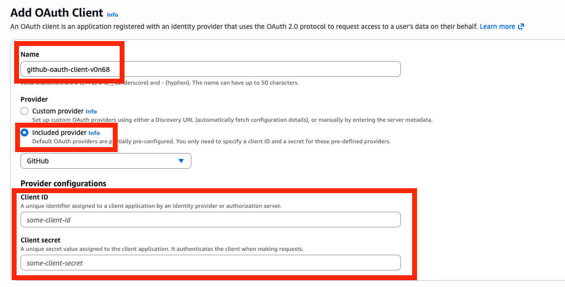 Amazon Bedrock 콘솔의 OAuth 클라이언트 추가 화면