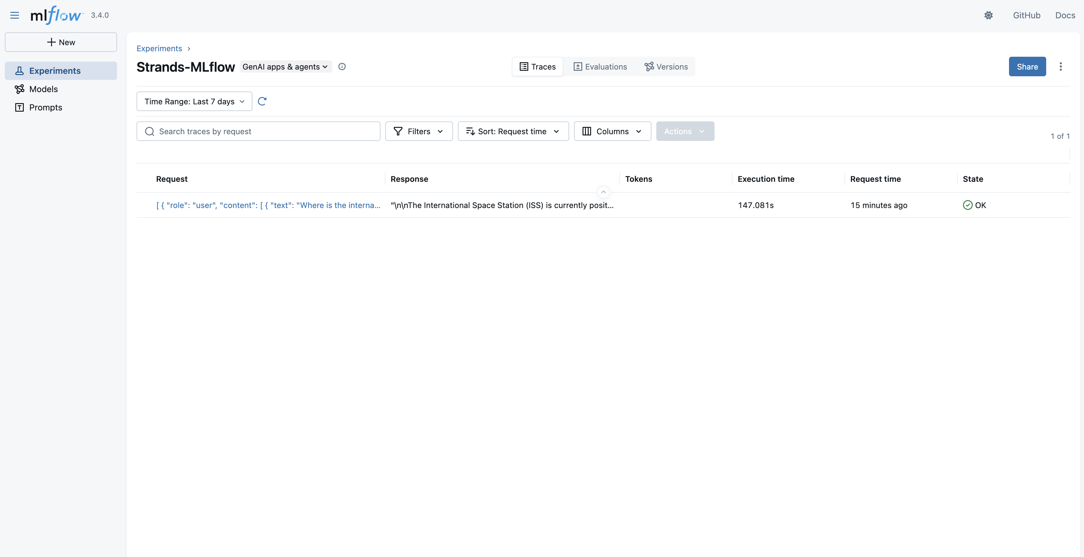 MLflow 3.4.0 실험 대시보드 화면