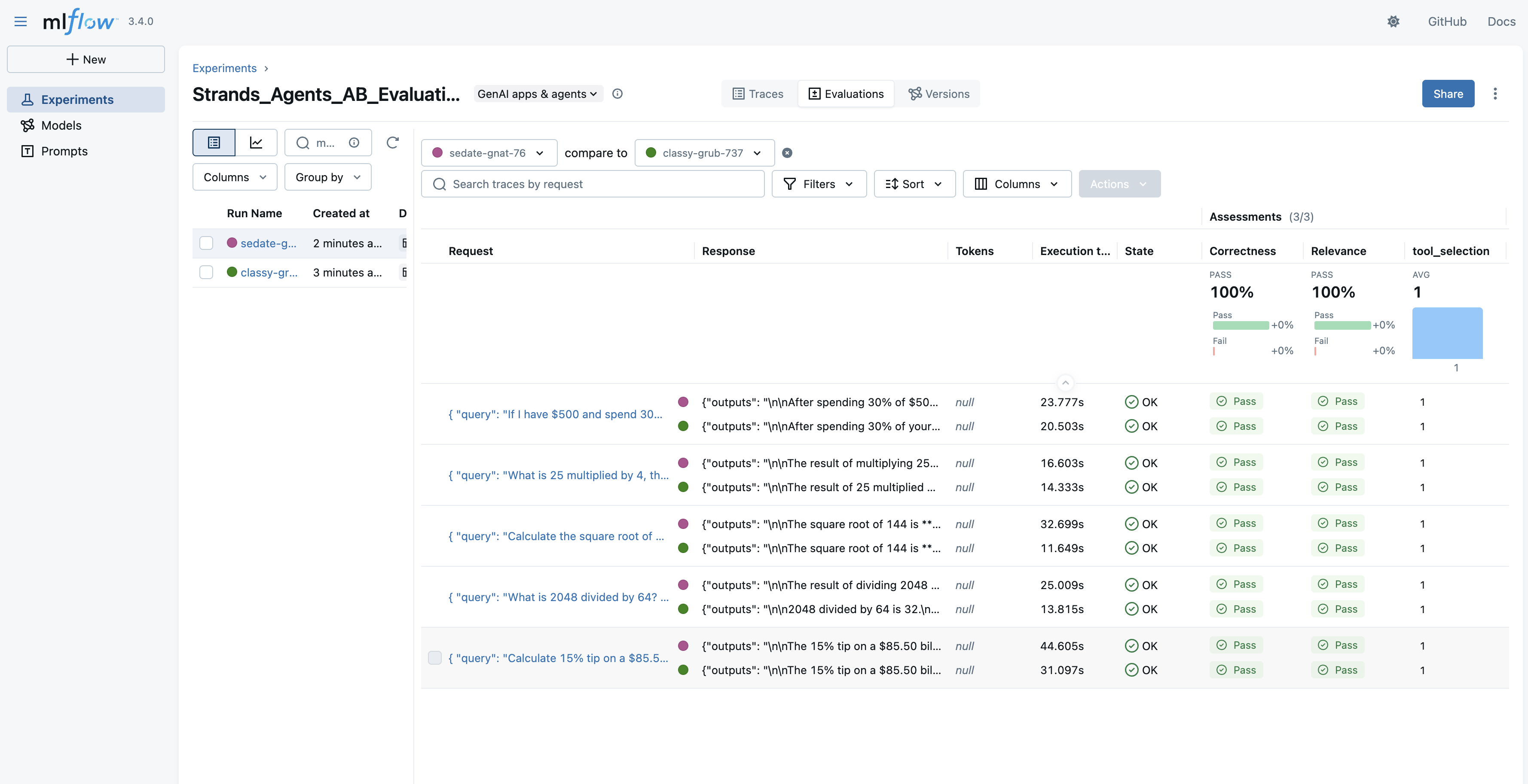MLflow A/B 테스트 평가 비교 화면
