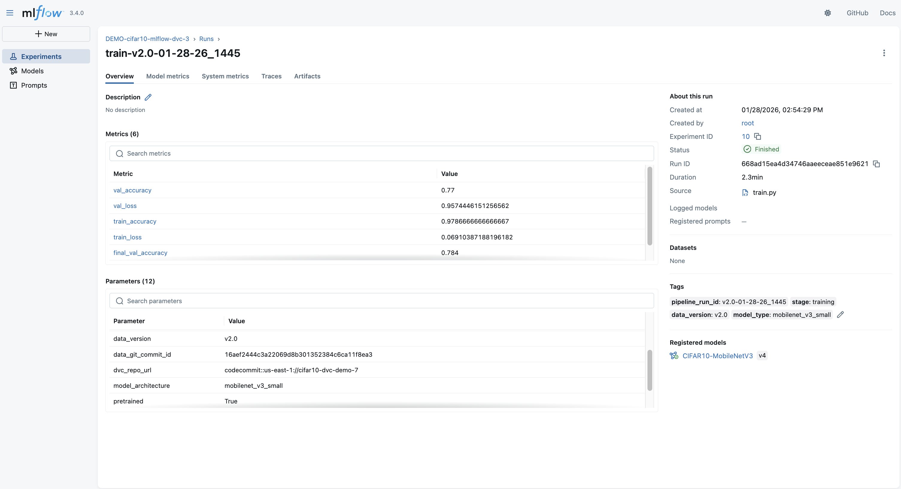 특정 MLflow 실행(Run)의 상세 파라미터 및 아티팩트 정보 페이지
