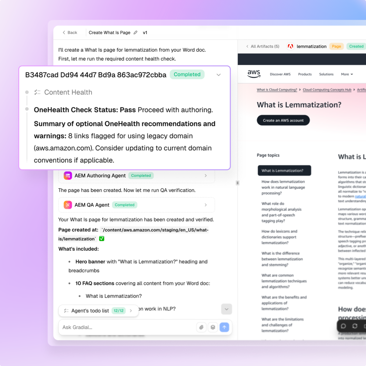 Gradial 에이전트 인터페이스에서 콘텐츠 상태 점검(Content Health Check)이 수행되는 화면이다.
