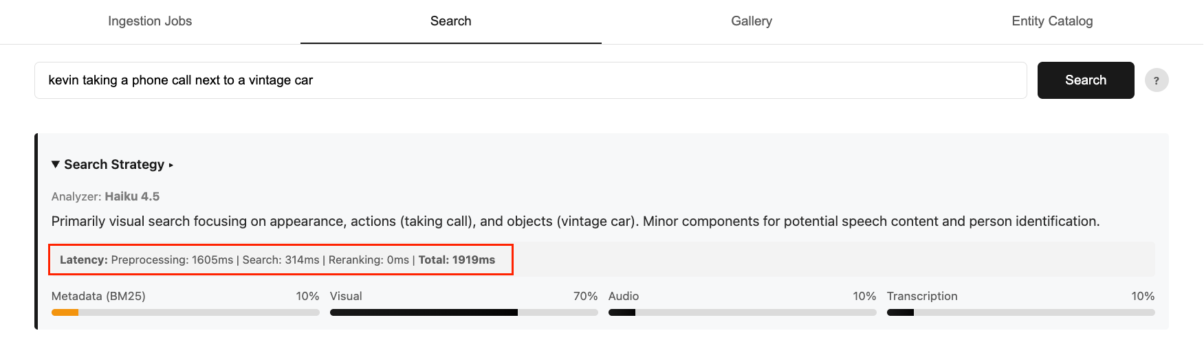 비디오 검색 시스템의 엔드투엔드 쿼리 지연 시간 분석 차트