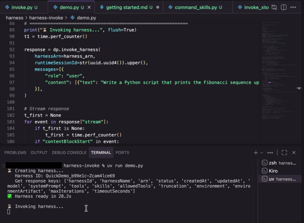 AgentCore 매니지드 하네스를 호출하여 에이전트를 실행하는 Python 코드와 터미널 실행 결과 스크린샷입니다.