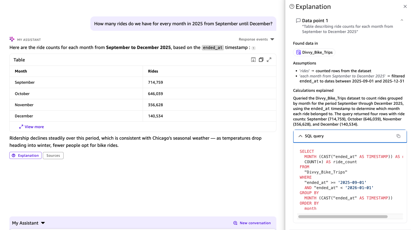 Chat Explainability 기능을 통해 공개된 단계별 추론 과정과 SQL 쿼리