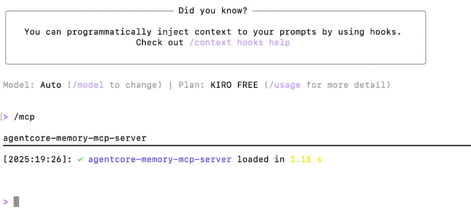 Kiro CLI 터미널에서 MCP 서버가 성공적으로 로드된 모습
