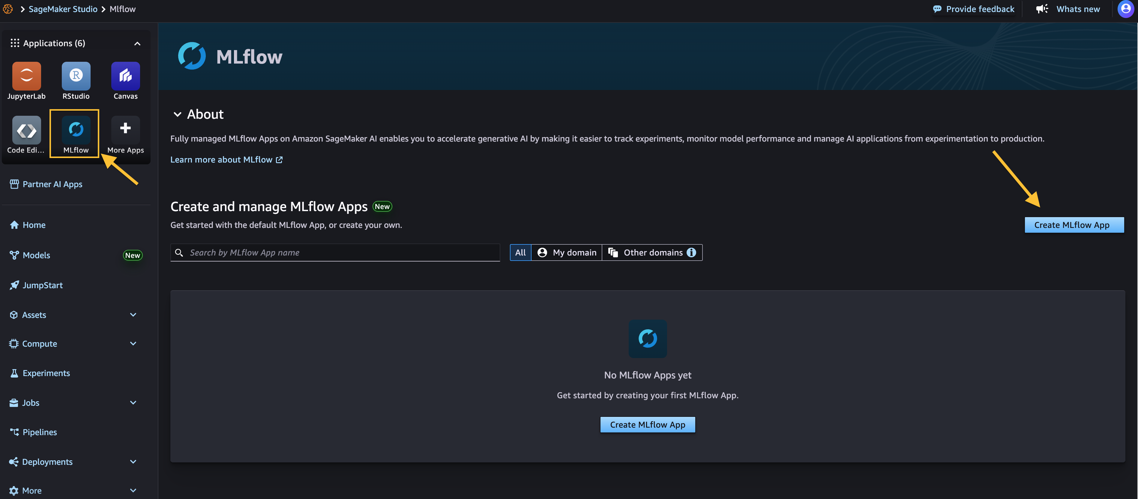 SageMaker Studio 내에서 MLflow 앱을 생성하는 버튼 위치를 표시한 스크린샷입니다.