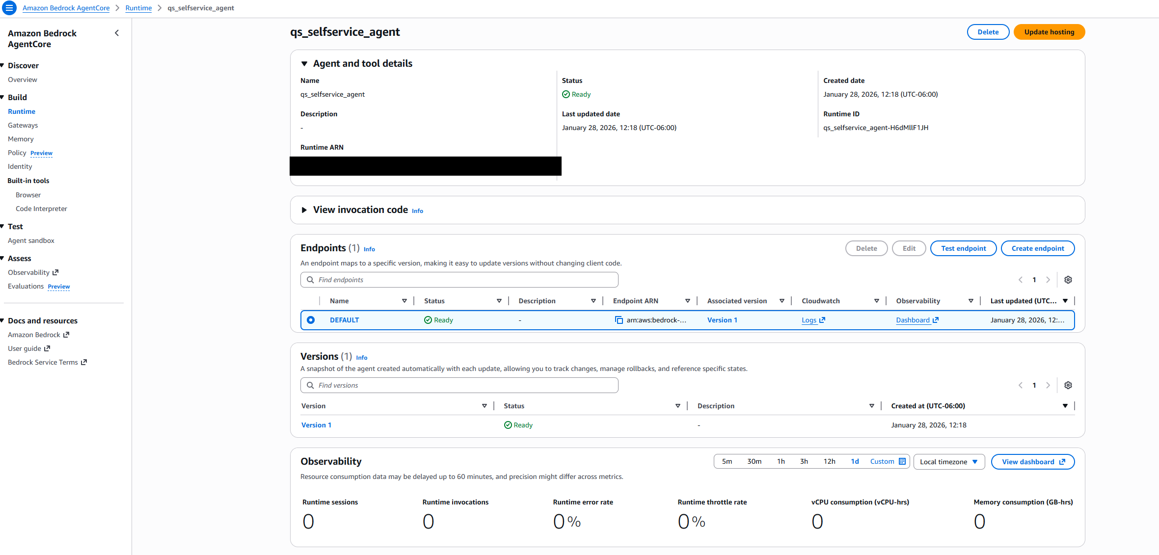 Amazon Bedrock AgentCore 콘솔의 에이전트 설정 화면
