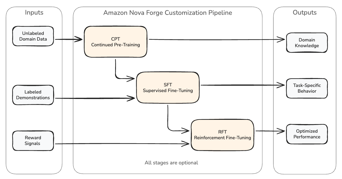 Amazon Nova Forge의 CPT, SFT, RFT 단계로 구성된 커스터마이징 파이프라인 흐름도