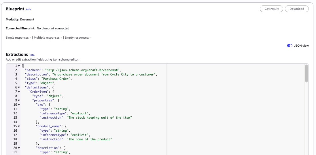 Amazon Bedrock Data Automation의 블루프린트 생성 화면 내 JSON 스키마 편집기 예시