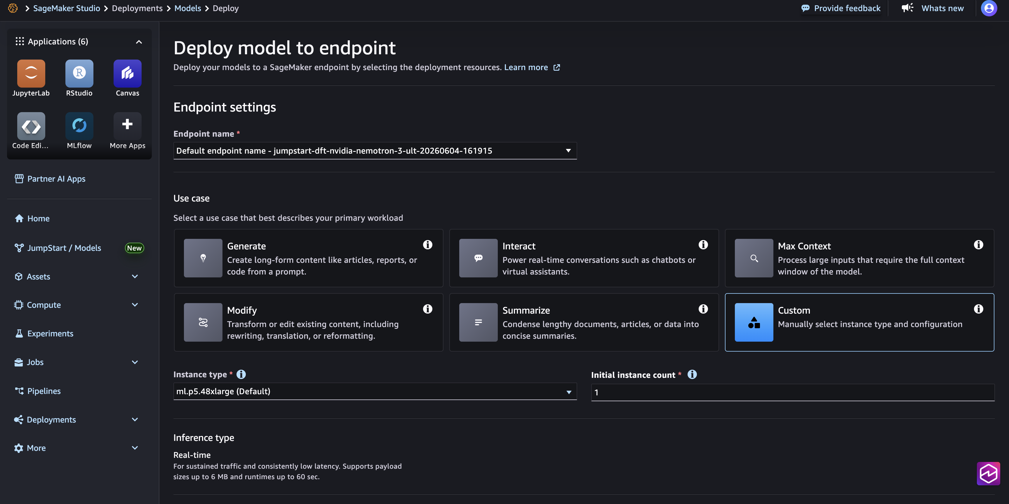 Amazon SageMaker JumpStart의 모델 배포 설정 화면