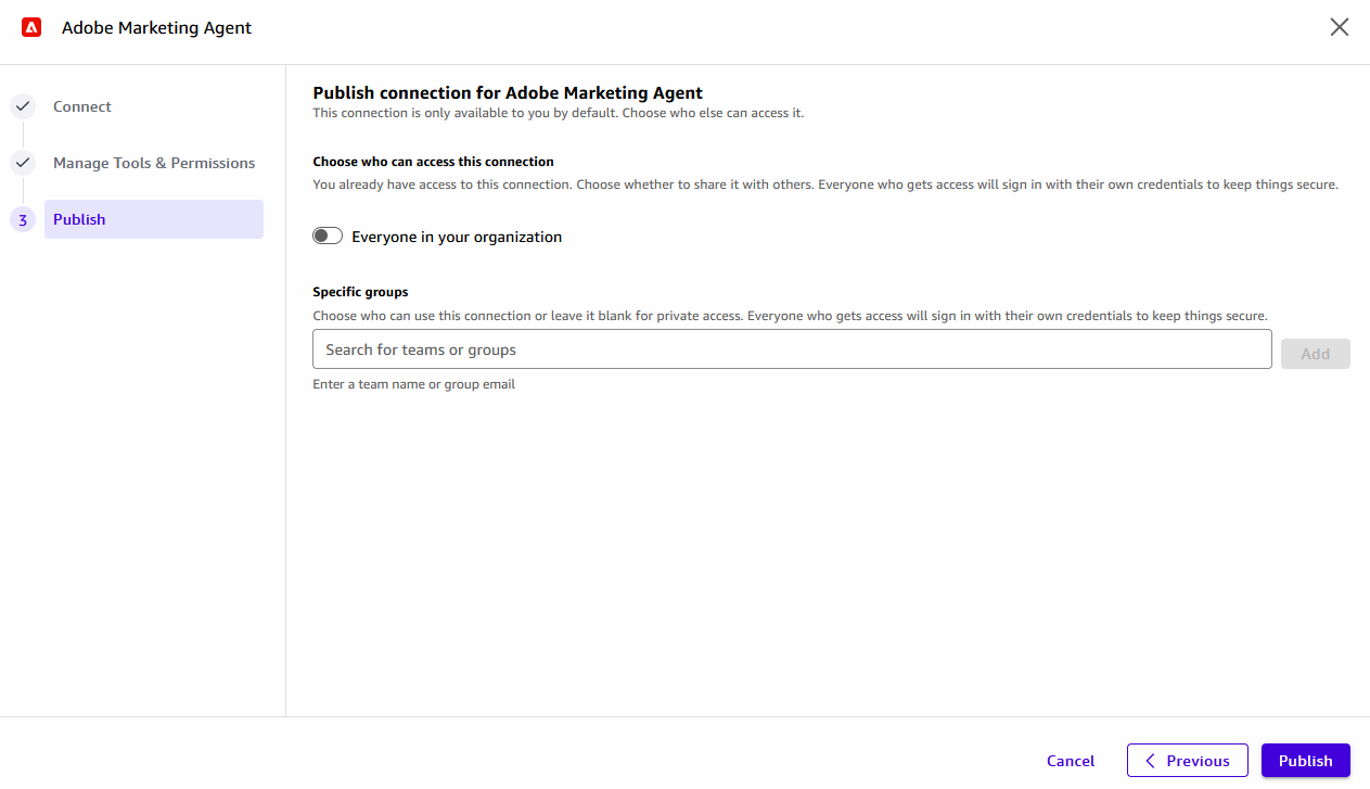 Publish connection page with Everyone in your organization turned off and a Specific groups field for the connector team