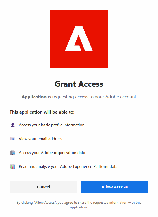 Adobe authorization window listing requested access scopes for the Adobe Marketing Agent connection, with an Allow Access button