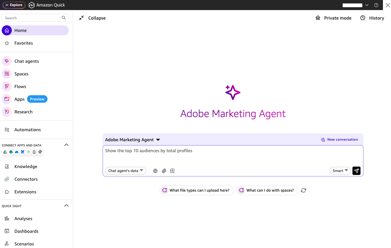 Amazon Quick chat experience with the Adobe Marketing Agent selected from the chat agent menu