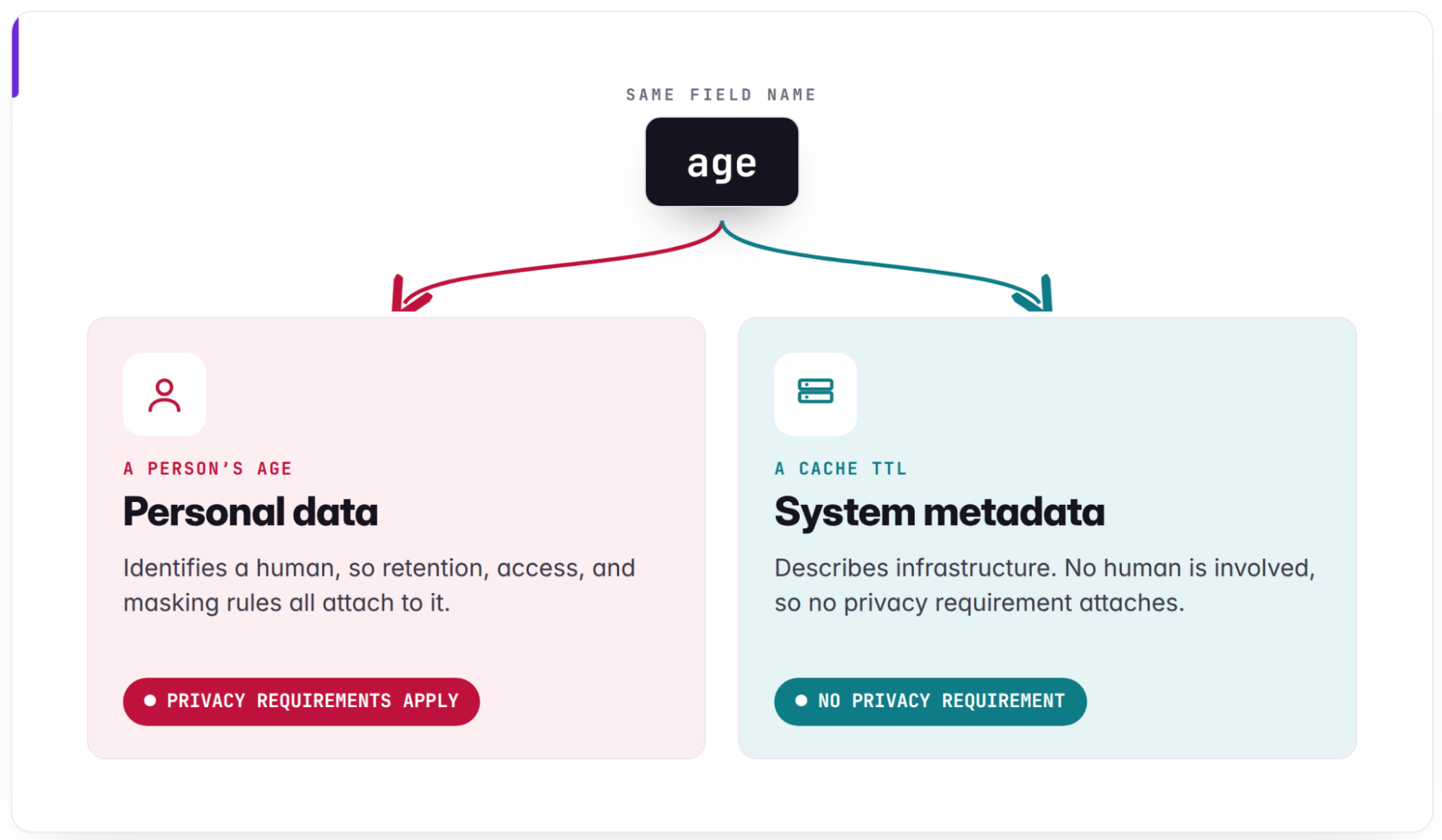 동일한 필드명 'age'가 개인 데이터일 수도 있고 시스템 메타데이터일 수도 있음을 대조해 보여 주는 다이어그램.