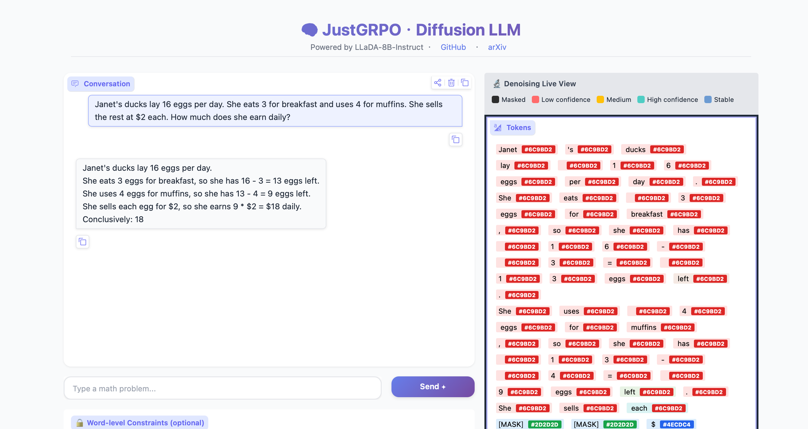 WebUI의 대화창과 denoising live view 스크린샷으로, 단계별 토큰 복원과 신뢰도 색상이 함께 표시되어 있다.