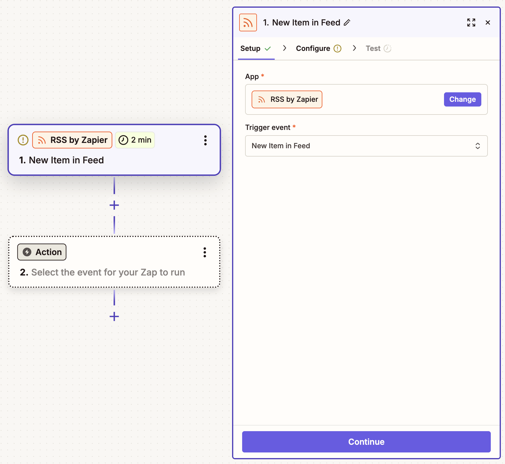 Zapier 에디터 내 RSS 트리거 설정 화면