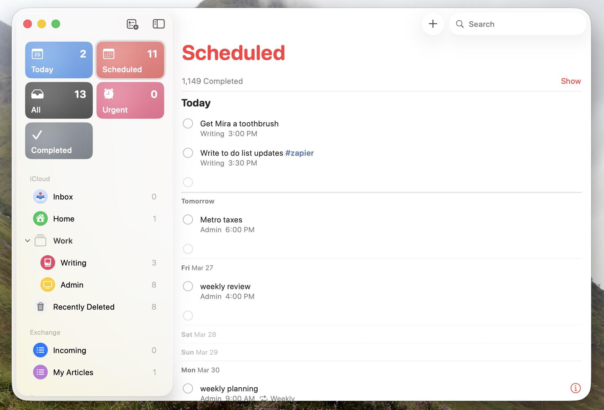Apple Reminders의 'Scheduled' 뷰이다.
