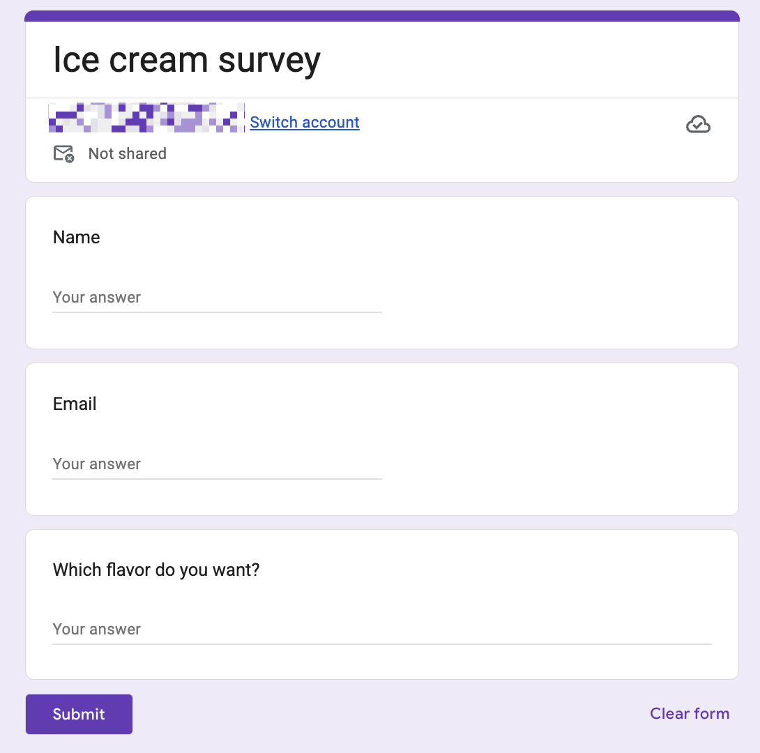 Google Forms의 설문지 구성 화면.