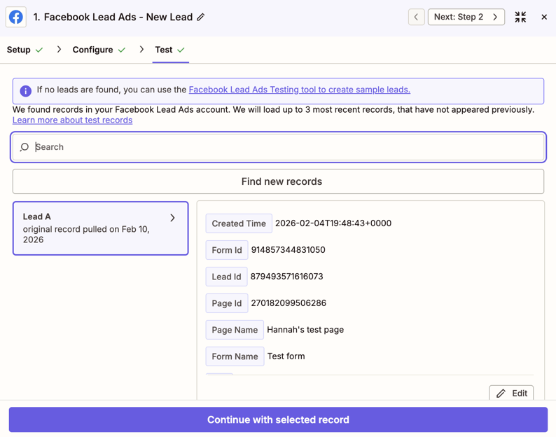트리거 테스트를 통해 Facebook에서 실제 리드 레코드를 성공적으로 불러온 결과 화면이다.