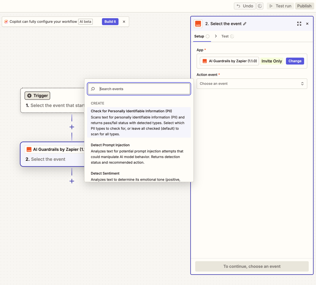 Zapier 워크플로 내 AI Guardrails 설정 화면