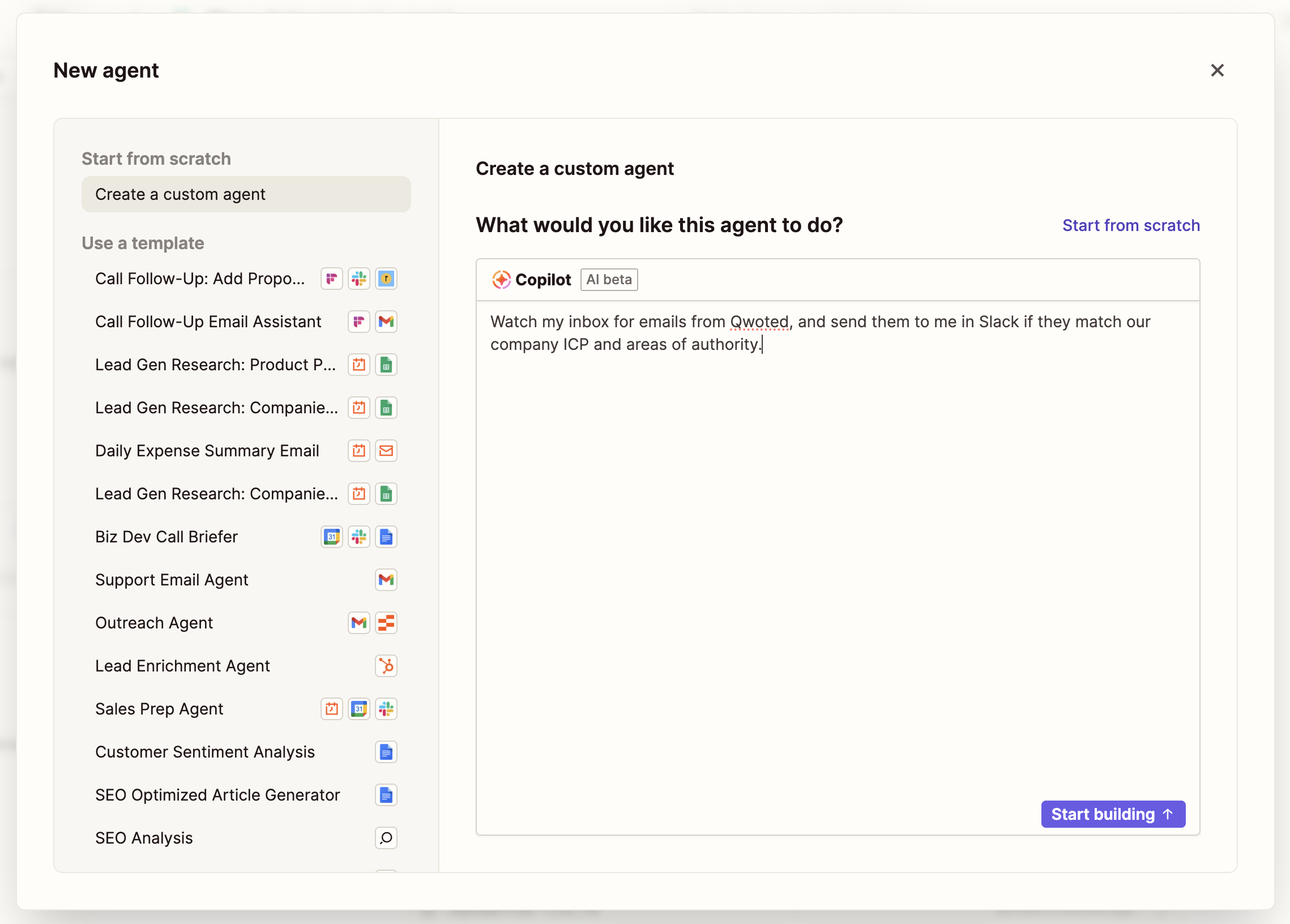 Zapier Copilot을 통한 에이전트 생성 인터페이스이다.