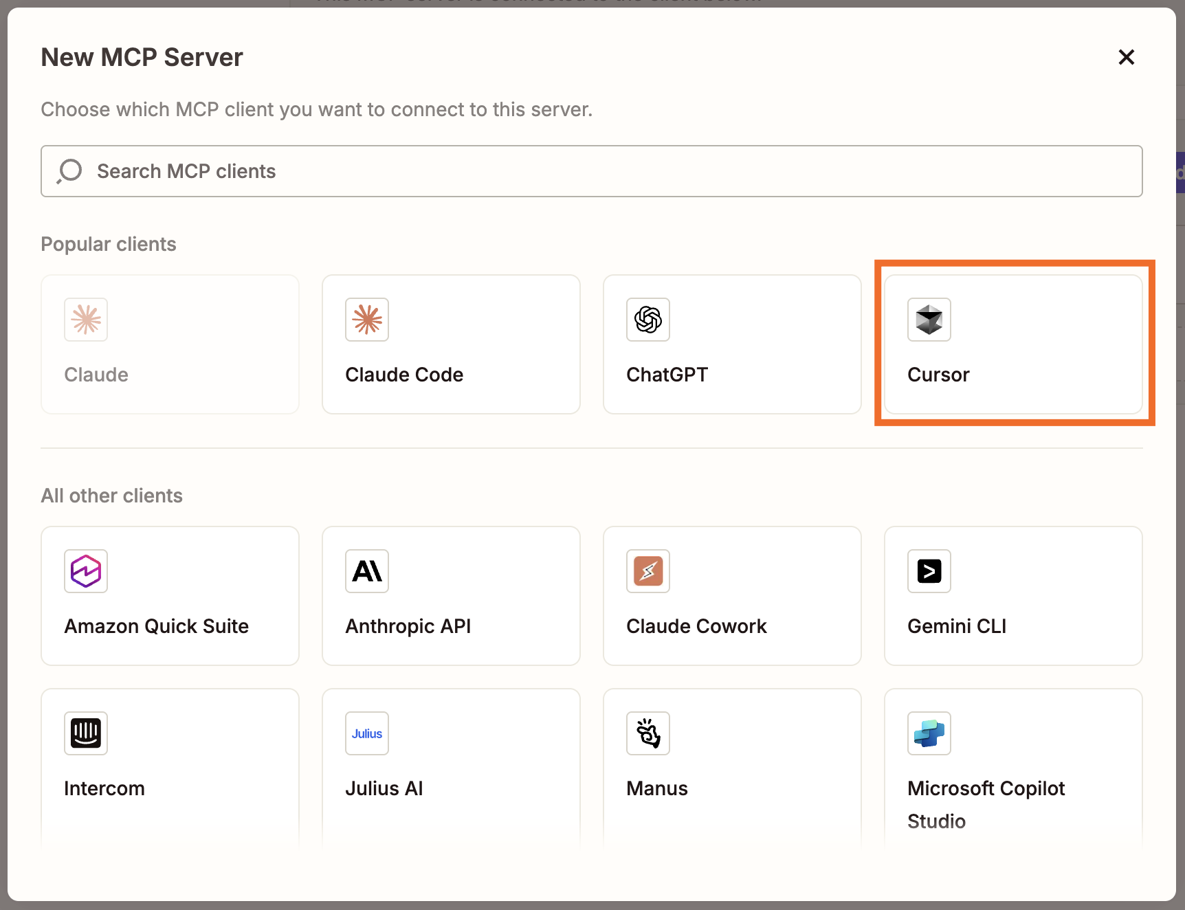 Zapier MCP 대시보드에서 새로운 MCP 서버의 클라이언트로 Cursor를 선택하는 화면이다.