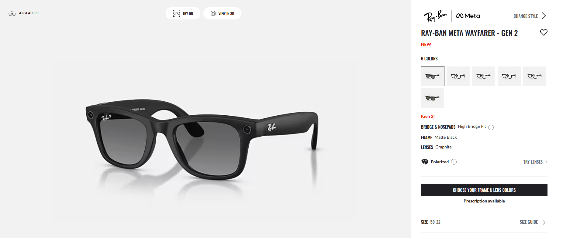 Ray-Ban Meta 스마트 안경의 제품 이미지이다.