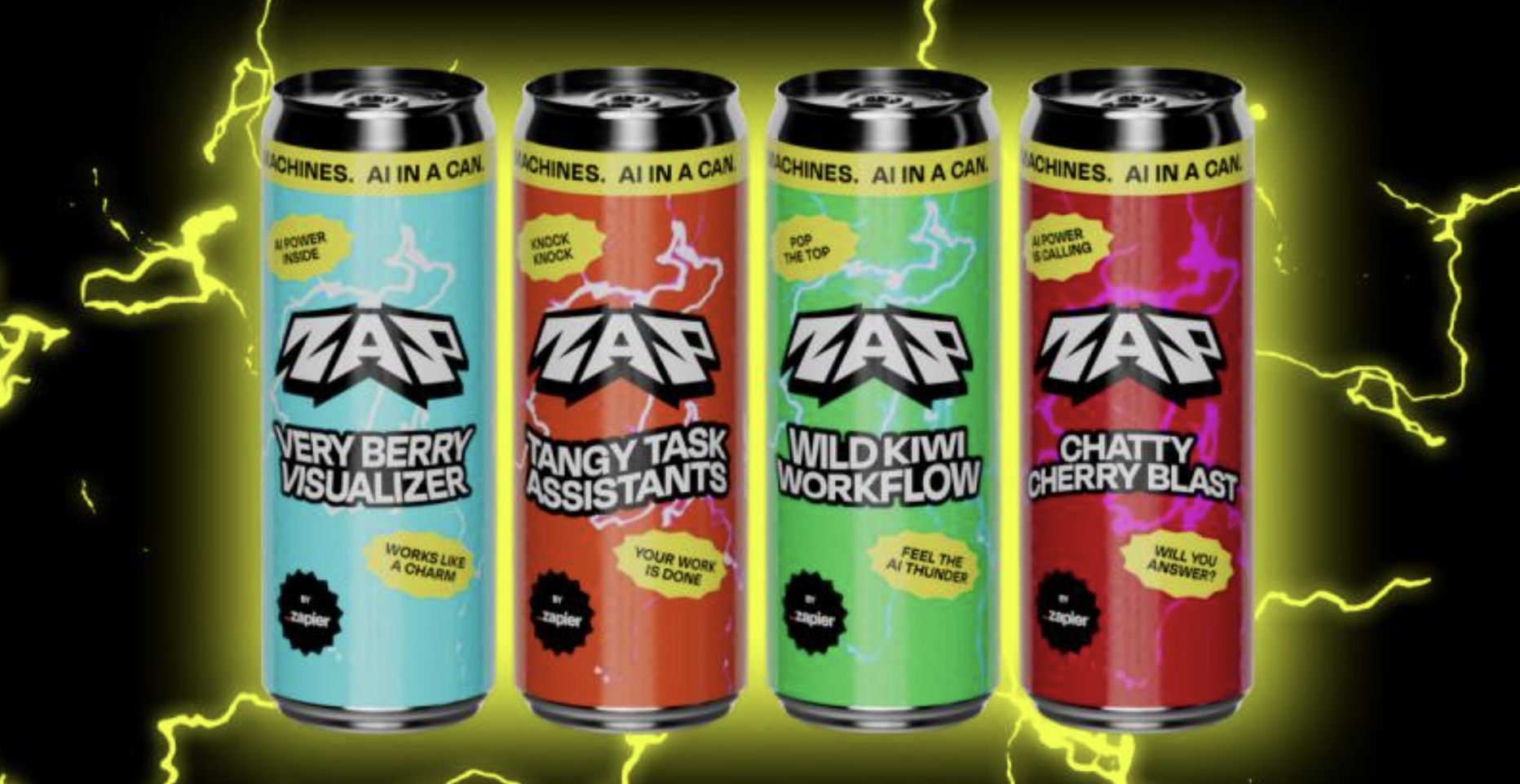 Zapier의 'AI in a Can' 캠페인에 사용된 4가지 맛의 가상 에너지 드링크 캔 디자인이다.