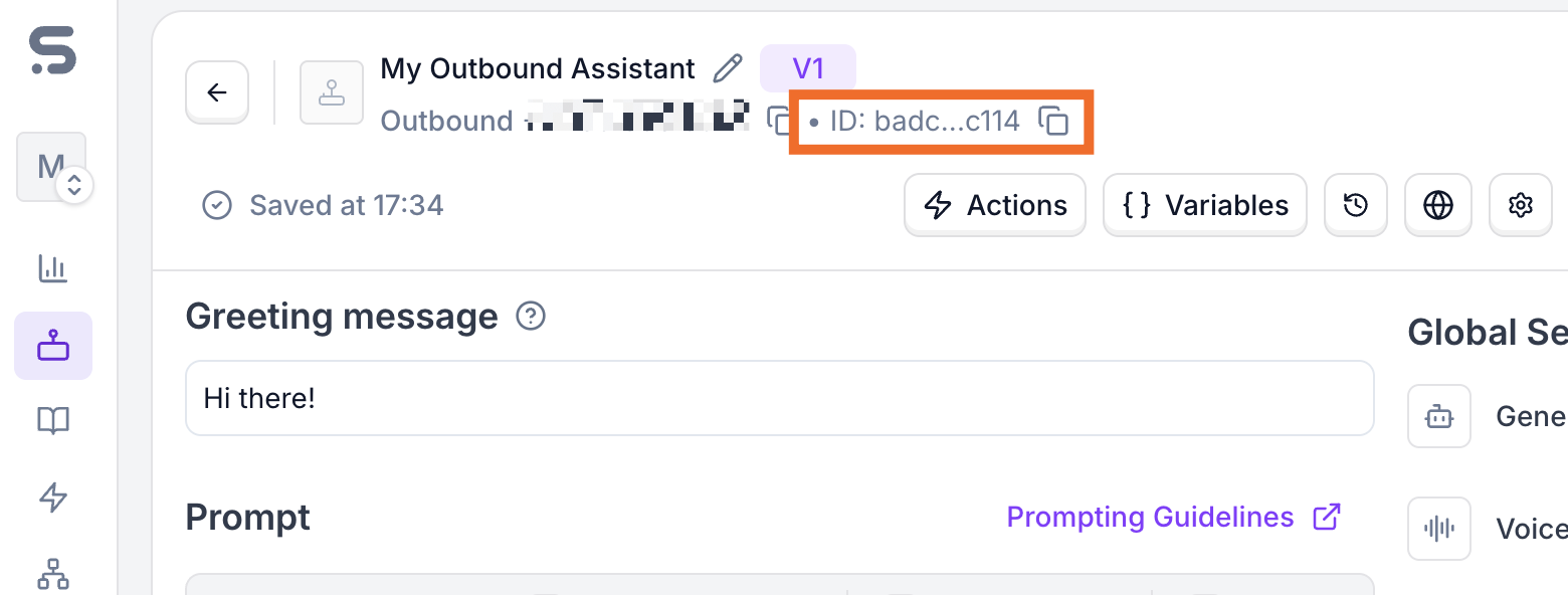 Synthflow AI 대시보드의 에이전트 ID 확인 화면